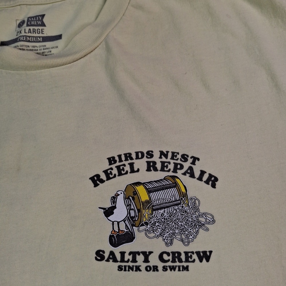 Salty Crew Birds Nest Reel Repair Graphic T-Shirt Mens 2XL Yellow Sink or Swim - Picture 3 of 11